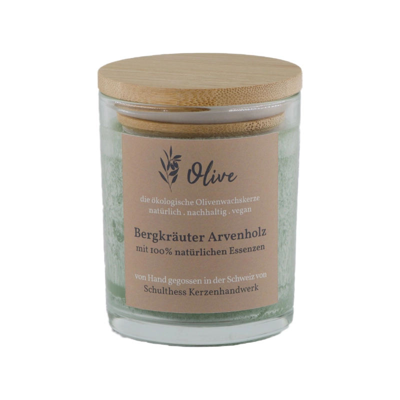 BergkraeuterArvenholz100_Klarglas Duftkerze Olivenwachs Bergkraeuter Arvenholz