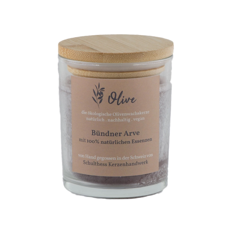 BuendnerArve100_Klarglas Duftkerze Olivenwachs Buendner Arve