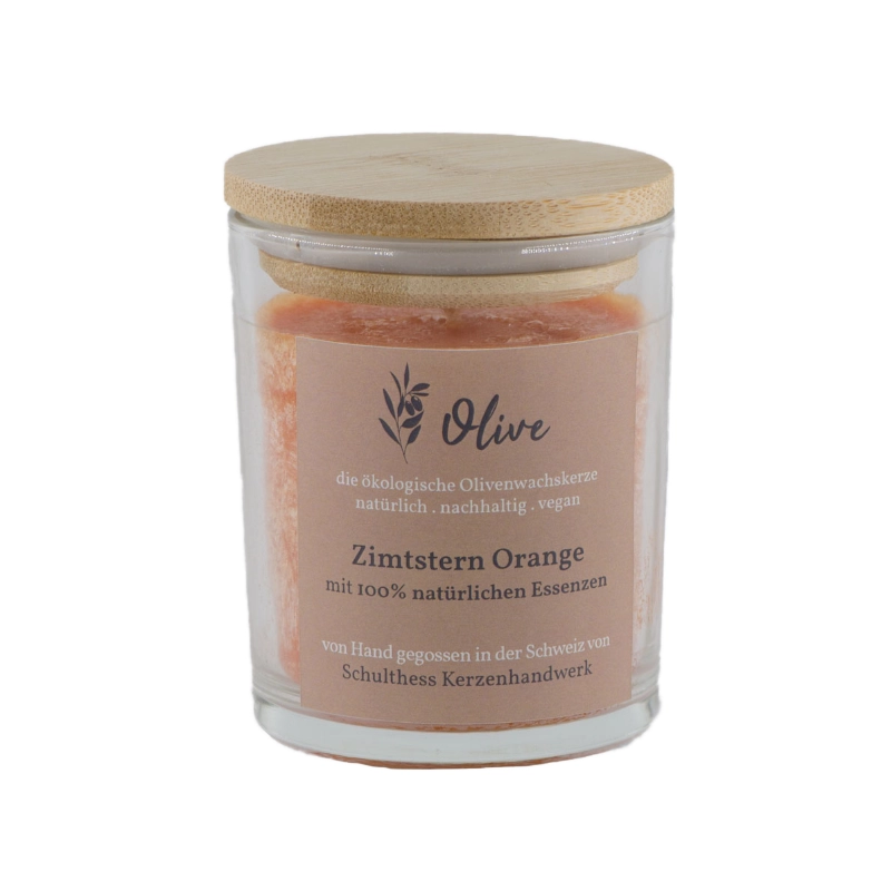 ZimsternOrange100_Klarglas Duftkerze Olivenwachs Zimtstern, Orange